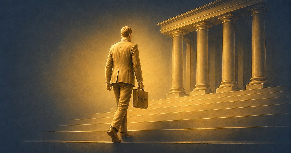A lone businessman in a suit, carrying a briefcase, climbing the steps of a courthouse.