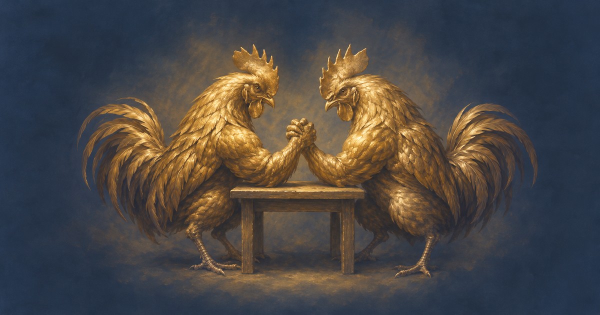 Two gold roosters locked in an arm-wrestling match across a small wooden table.