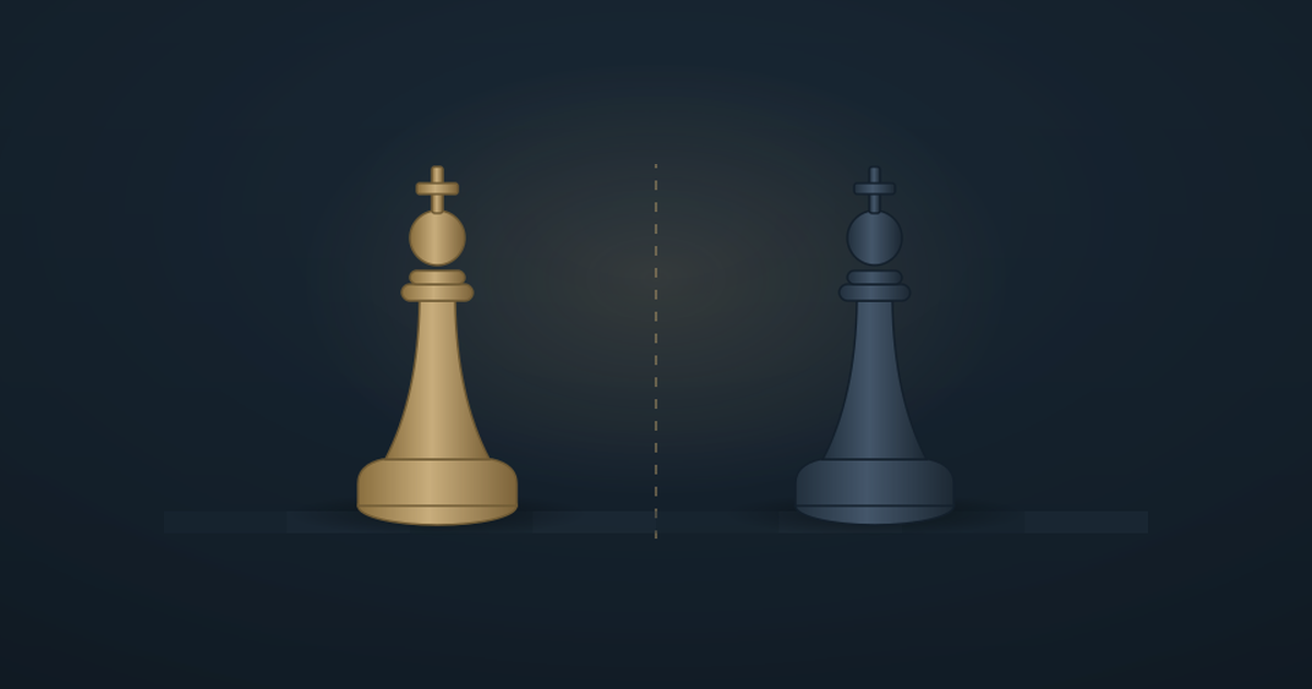 A gold chess king and a navy chess king face each other at identical height across a dividing line – a stalemate between 50/50 owners.