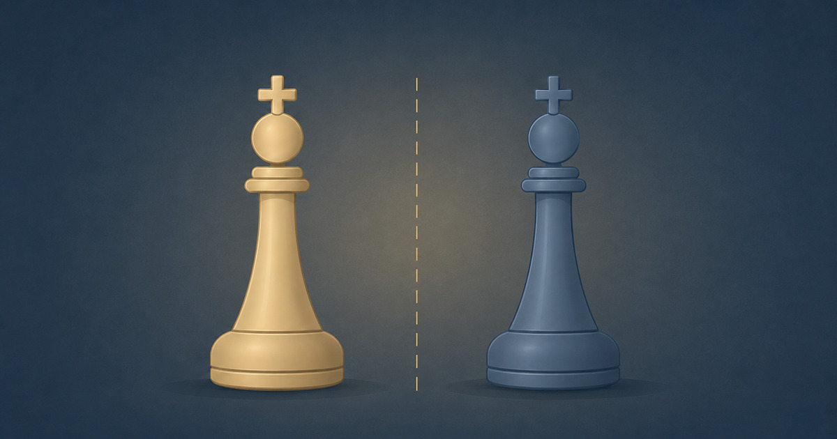 A gold chess king and a navy chess king facing off across a dividing line