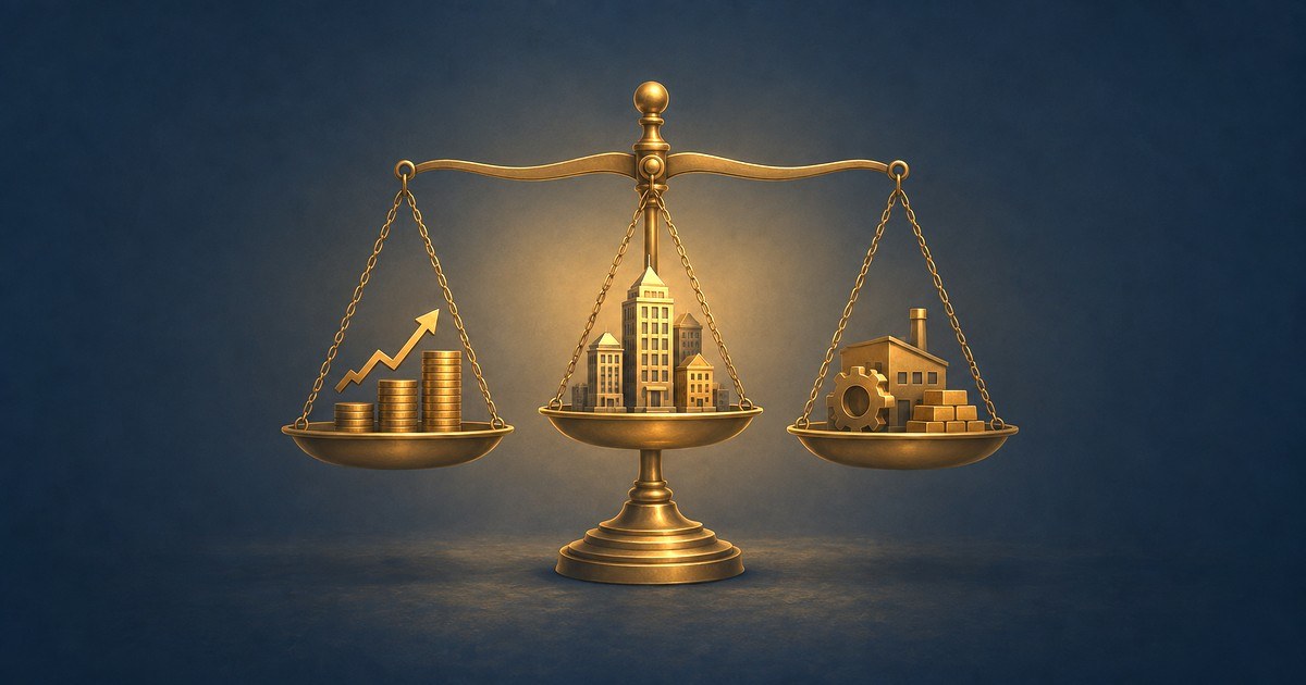A brass balance scale with three pans on a dark blue background, holding stacked coins with a rising arrow, a cluster of office buildings, and a gear, a factory, and gold bars.
