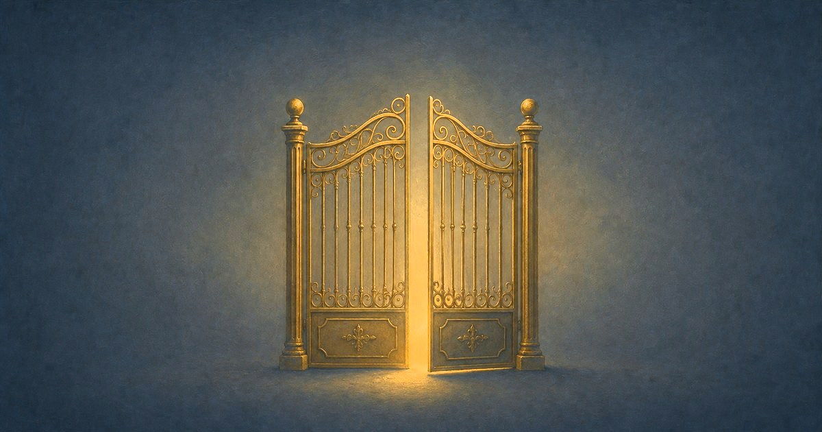 An ornamental brass gate, one leaf beginning to open.